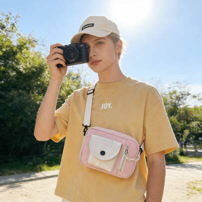 Minimalist Women's Nylon Camera Bag, Women's Casual Pink Small Bag, Lightweight Multi-Pocket Women's Crossbody Bag, Can Hold Camera, Phone, Power Bank, Cosmetics, Women's Wallet, Lipstick, Suitable For Spring Outings, Sightseeing, Photography, Also A Great Holiday Gift For Friends