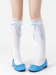 1 Pair Pink/Blue/White Lolita Style Sweet Lace Ruffle Bow Socks, Spring/Summer - Multicolor - View 14