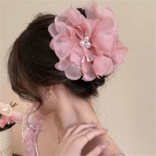 1pc Pearl Decor Super Fairy Pink Mesh Flower Large Hair Clip, Sweet Romantic Elegant Versatile Hair Accessory, Suitable For Travel, Vacation, Party And Other Occasions Summer Beach Claw Clips Vacay Hair Claws Vacay Hair Clips,Festival,Birthday - Pink - View 6
