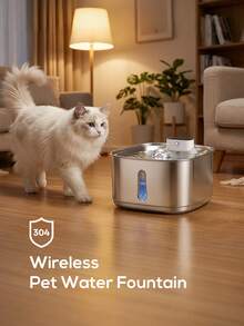 Fuente de agua automática para gatos - Acero inoxidable con sensor de movimiento - Bebedero silencioso para perros recargable con batería - Fuente de agua inalámbrica con batería para mascotas - Fuente de agua silenciosa para mascotas - Plateado - Ver 2