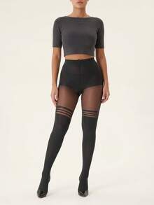 1pc Women Jacquard Patterned Thigh High Tights, Cozy - Black - View 1