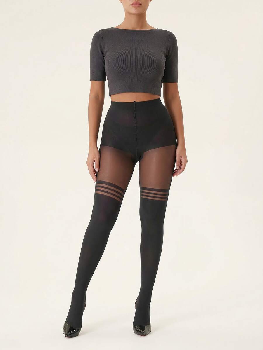 1pc Women Jacquard Patterned Thigh High Tights, Cozy - Black - View 1