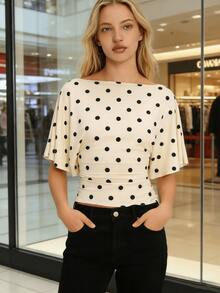 Women's Casual Polka Dot Top - Y2K Batwing Sleeve Fitted Short-Sleeved Vest - Apricot - View 4