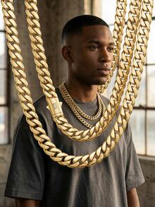 14K Gold Plated Cuban Link Chain Necklace Smooth S Clasp Gold Chain For Men - 彩色 - 查看 1