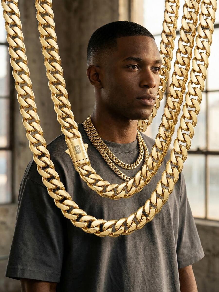 14K Gold Plated Cuban Link Chain Necklace Smooth S Clasp Gold Chain For Men - 彩色 - 查看 1