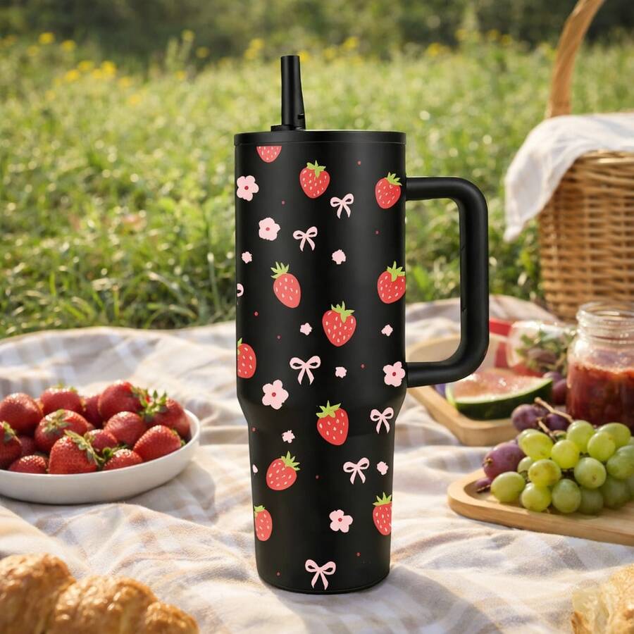 mikenda 1个40盎司草莓印花带把手吸管保温杯，不锈钢材质，保温效果好，外观可爱，适合野餐、旅行和日常使用。