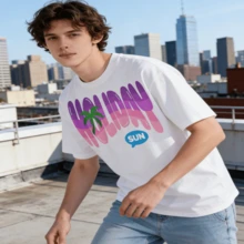 Camiseta de manga corta de algodón 100% con estampado degradado "HOLIDAY" y palmera, look casual y holgado con estilo vacacional veraniego,  en  México - Blanco - Ver 3