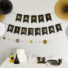 一套黑色生日快乐派对装饰横幅，金色箔纸“生日快乐”横幅，以及现代金属装饰横幅，适合生日派对装饰、黑金主题生日装饰，可悬挂于室内或用作拍照道具。也适用于黑色主题生日装饰、周年庆典、男女生日装饰和圣诞节装饰。 - A - 查看 3