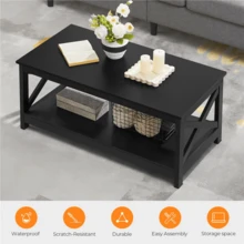 Butterslay 1PC 2-Tier X-Design Coffee Table With Storage Shelf For Living Room - 黑色 - 查看 3