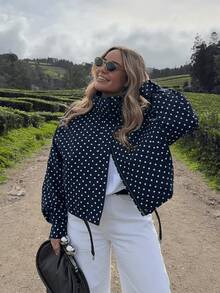 GDDYIN Áo khoác nữ mùa xuân mới, dây rút, khóa kéo, chấm bi, cổ đứng, kiểu dáng thường ngày. - Xanh đậm - Xem 3