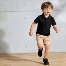 Baby Boy Black Ribbed Collar Short Sleeve Polo Shirt, Spring/Summer - Black - View 2