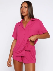 Women's 2 Piece Pajama Set Short Sleeve Button Down Collared Top And Elastic Waist Shorts Loungewear Set Sleepwear - Màu Hồng Tươi - Xem 3