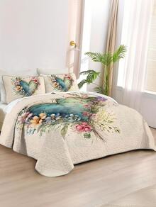 KTAbedding 2D Flat 2/3pcs Colorful Flowers And Plants Quilted Quilt, 1pc Quilted Quilt+ 1/2pcs Pillowcases, Soft Breathable Comfortable Portability Hypoallergenic Machine Washable Bed Cover Bedding Room Decor, Twin/ Queen/ King Size Christmas Decorations - Màu trắng kem - Xem 2