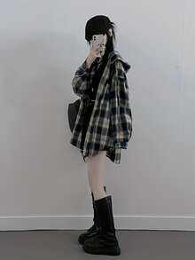 Camisa de mujer de ajuste holgado y casual con estampado de cuadros, de manga larga y hombros caídos, adecuada para uso diario, oficina y escuela, primavera/otoño - Multicolor - Ver 7