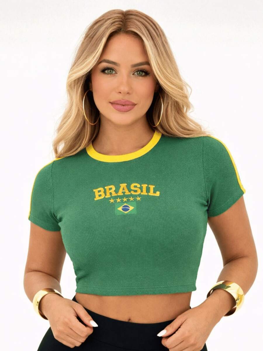 Brazilian Women's Cropped Top With Embroidery, Round Neck, Medium-Stretch Polyester Fabric, Short Sleeves, Casual Summer Style With Contrasting Collar, Ideal For Everyday Wear. - 綠色 - 查看 1