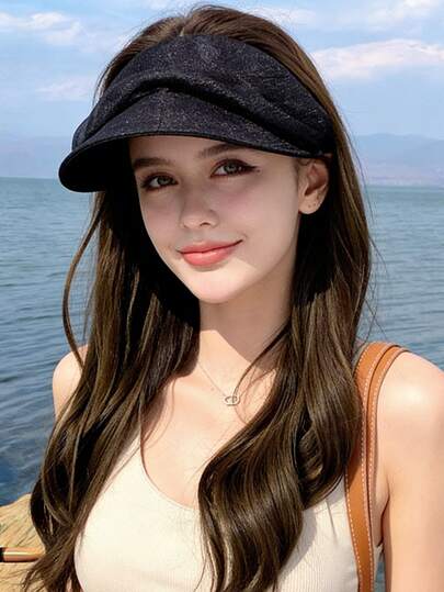 1顶纯色韩式宽檐透明遮阳帽，防风防紫外线，3D立体设计，可折叠，时尚百搭，优雅风格，柔软舒适，透气性好，多功能，修饰脸型，适合海滩、户外、旅行、徒步、骑行、约会等多种场合。