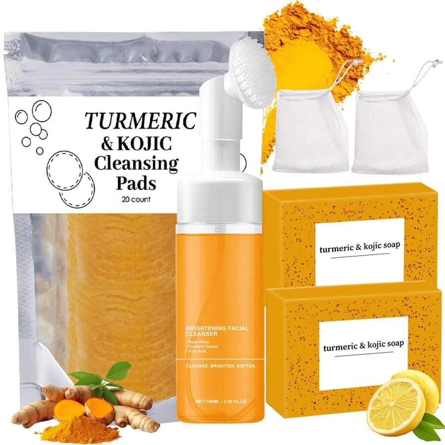 3Pcs Turmeric Wash And Care Three Piece Set,Turmeric Trio: Facial Wash,Cleansing Mousse & Soap For Skin Care,Turmeric Cleansing Exfoliating Pads,Turmeric Face Wash For Face & Body - Màu vàng - Xem 1