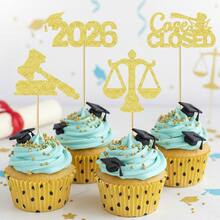 12/24pcs Law School 2026 Graduation Cupcake Toppers - Black Glitter Justice Scale And Gavel Cake Picks, Future Lawyer Graduation Party Decor, Law Theme Celebration Supplies - Classic Graduation Balance - View 5