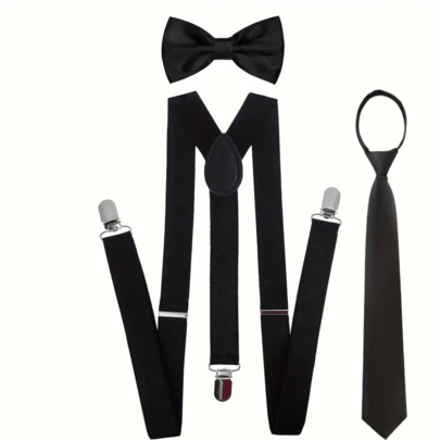 3件套时尚吊带+领结+黑色领带套装，纯色吊带领带套装，适合节日和派对场合