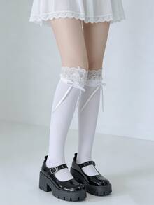 1 Pair Pink/Blue/White Lolita Style Sweet Lace Ruffle Bow Socks, Spring/Summer - Multicolor - View 10