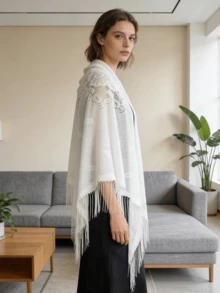 1件新款蕾丝披肩，蕾丝三角围巾披肩，新娘伴娘婚礼礼服派对披肩 - 彩色 - 查看 6