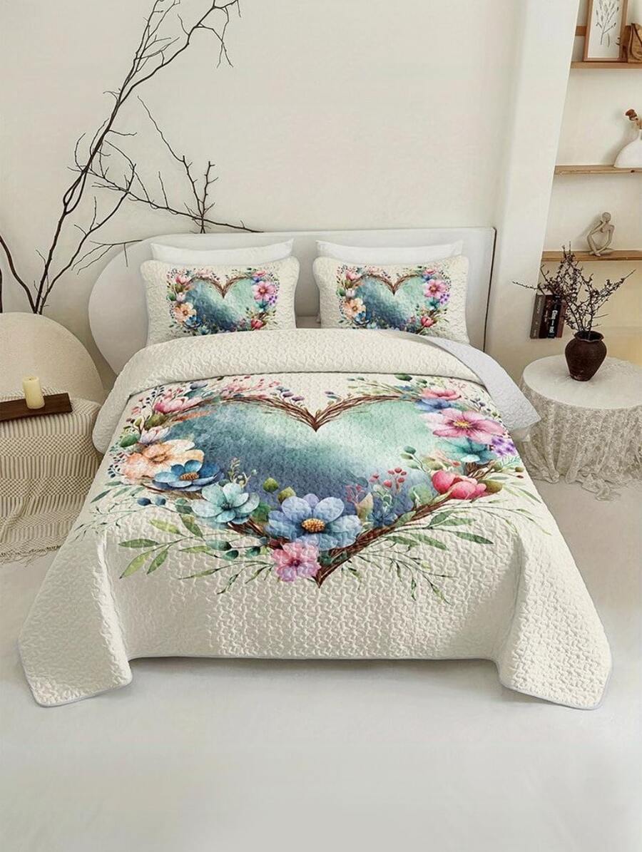 KTAbedding 2D Flat 2/3pcs Colorful Flowers And Plants Quilted Quilt, 1pc Quilted Quilt+ 1/2pcs Pillowcases, Soft Breathable Comfortable Portability Hypoallergenic Machine Washable Bed Cover Bedding Room Decor, Twin/ Queen/ King Size Christmas Decorations - 白色 - 查看 1