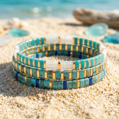 1条夏季波西米亚风TL手链，撞色TL手链，黑玛瑙TL手链，弹力串珠手链，可叠戴手链，适合海滩度假、姐妹情谊、情侣佩戴，也可作为生日礼物、幸运礼物、家庭礼物、朋友礼物或周年纪念礼物。