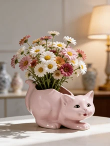 1个粉色卧猫花瓶，树脂材质，现代装饰礼品，家居装饰摆件，置物架装饰，餐桌中心摆件，客厅装饰，抽象艺术雕塑装饰，餐厅中心摆件 - 多款 - 查看 4