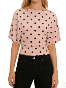 Women's Casual Polka Dot Top - Y2K Batwing Sleeve Fitted Short-Sleeved Vest - 淺粉色 - 查看 2
