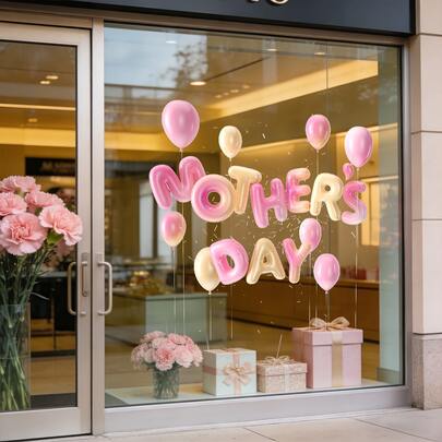 1/2pcs Pink Balloon Window Decals For Mother's Day, Reusable PVC Double-Sided Visible Electrostatic Glass Decals, Suitable For Shop Doors And Windows, Living Rooms, Bedrooms, Kitchens, And Home Decor (2D Flat).