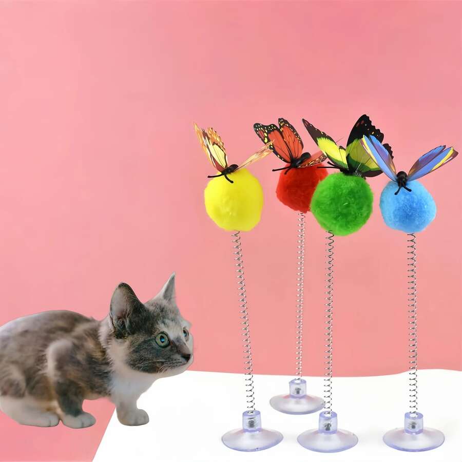 Cat Spring Ball Toy With Suction Cup And Butterfly Design, Durable Fabric Interactive Self-Entertainment Cat Toy, Suitable For All Breeds, No Battery Required, Pet Entertainment | Interesting Design | No Battery Needed