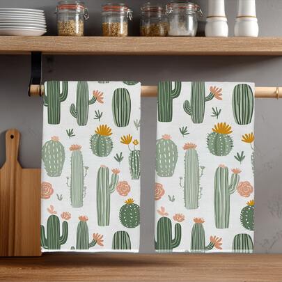 Bộ 2 khăn lau bếp in hình cây xương rồng tối giản mùa hè, chất liệu polyester mềm mại, thích hợp trang trí nhà bếp, lau dọn, trang trí tiệc tùng, đồ dùng thiết yếu cho nhà bếp và phòng tắm, trang trí nhà cửa, quà tặng tân gia.