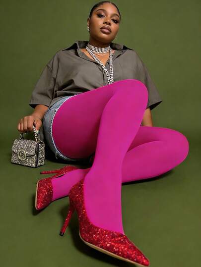 女士紫红色天鹅绒加厚连裤袜 - 柔软不透明且富有弹性，奢华舒适，适合秋冬季节、节日派对和日常优雅穿着