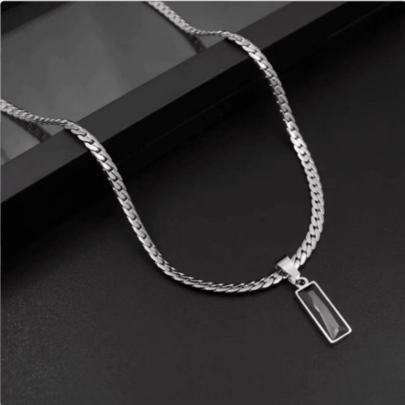 Fashionable Men's Black Gemstone Pendant Necklace, Stainless Steel Flat Cuban Chain, Hip Hop Style Jewelry, European And American Jewelry, Party Accessories, Party Jewelry, Boyfriend Gift, Valentine's Day Gift, Father's Day Gift