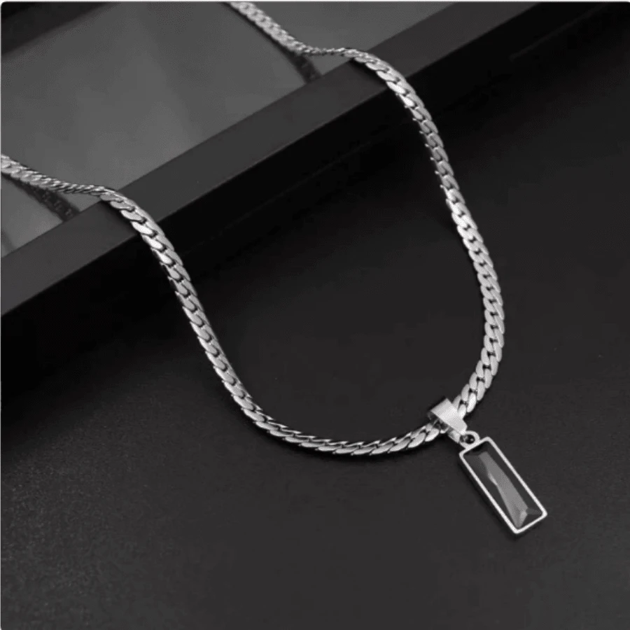 时尚男士黑色宝石吊坠项链，不锈钢扁平链，嘻哈风格首饰，欧美风首饰，派对配饰，派对首饰，男友礼物，情人节礼物，父亲节礼物 - 彩色 - 查看 1