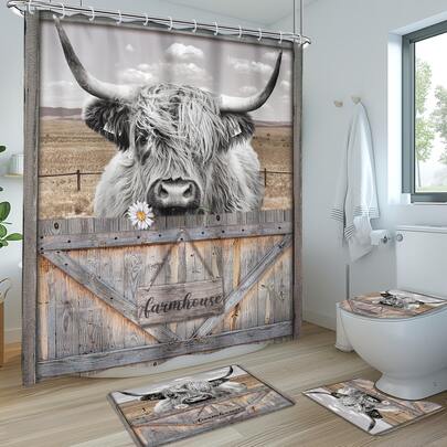1pc/4pcs - Mountain Cow Shower Curtain Set, Includes Waterproof Shower Curtain And 12 Plastic Hooks, Bathroom Anti-Slip Mat, U-Shaped Toilet Mat, Cover Mat, Rustic Farmhouse Wooden Board Animal Modern Bedroom Cool Home Bathroom Decor