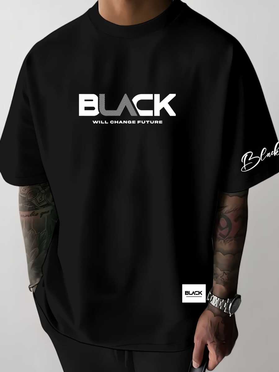 GRDR Men's Black Retro American Fashion Minimalist English Slogan Element Short Sleeve T-Shirt - Black - View 1