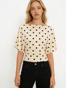 Women's Casual Polka Dot Top - Y2K Batwing Sleeve Fitted Short-Sleeved Vest - Apricot - View 3