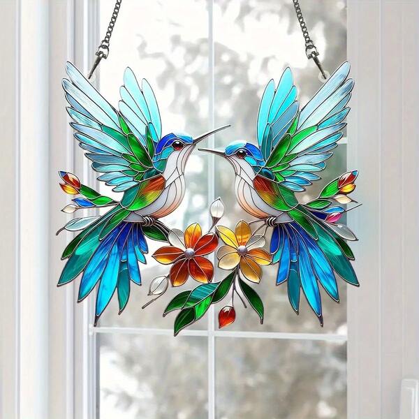 2D 平面蜂鸟花卉亚克力捕梦网 - 彩绘玻璃风格窗饰，送给女性、父亲、祖父、家人的独特礼物 - 非常适合家居、办公室、花园装饰 - 无需电源，鸟类装饰，四季皆宜