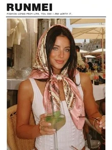 1pc Minimalist Printed Satin Square Scarf, New Spring Fashion Headscarf For Women, Can Be Used As Waistband, Bag Decoration, Ribbon, Headband Or Scarf, Ideal Choice To Enhance Your Overall Look - 粉色 - 查看 1