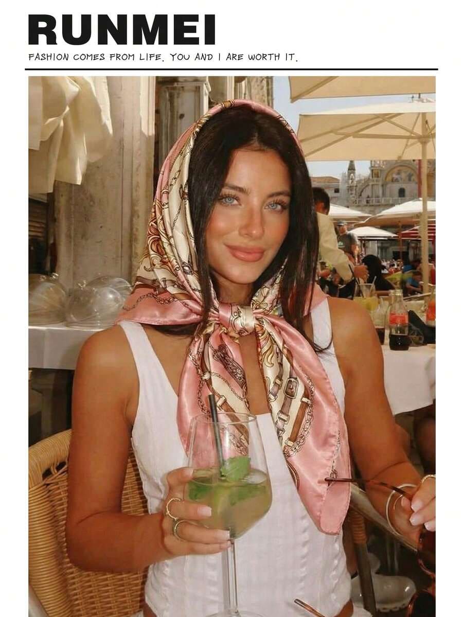 1pc Minimalist Printed Satin Square Scarf, New Spring Fashion Headscarf For Women, Can Be Used As Waistband, Bag Decoration, Ribbon, Headband Or Scarf, Ideal Choice To Enhance Your Overall Look - 粉色 - 查看 1