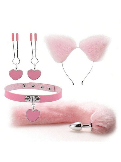 Set de 5 piezas de juguetes sexuales anales con plug anal de cola de zorro, plug anal, diadema sexy de peluche con orejas de gato y cascabeles, collar con pinzas para pezones, juguetes de masaje para mujeres, parejas y cosplay