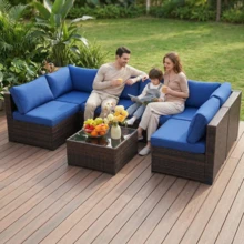 Wicker Patio Furniture Set, 7 Pieces Patio Furniture Set, Outdoor Sectional Rattan Sofa Set, Living Room Combination Sofa,Wicker Patio Conversation Set With Cushions And Glass Coffee Table, For Balcony, Porch, Garden - Navy Blue - View 2