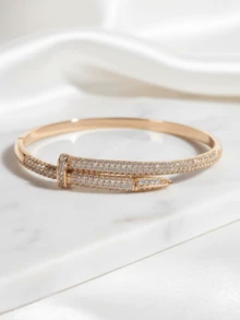 Crystal Paved Nail Shape Open Bangle, 14K Gold Plated Cuff Bracelet For Teens, Fashion Stackable Jewelry - Multicolor - View 5