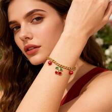 1pc Cute Cherry Pendant Bracelet, Minimalist Gold Chain Red Bead Jewelry - Multicolor - View 1