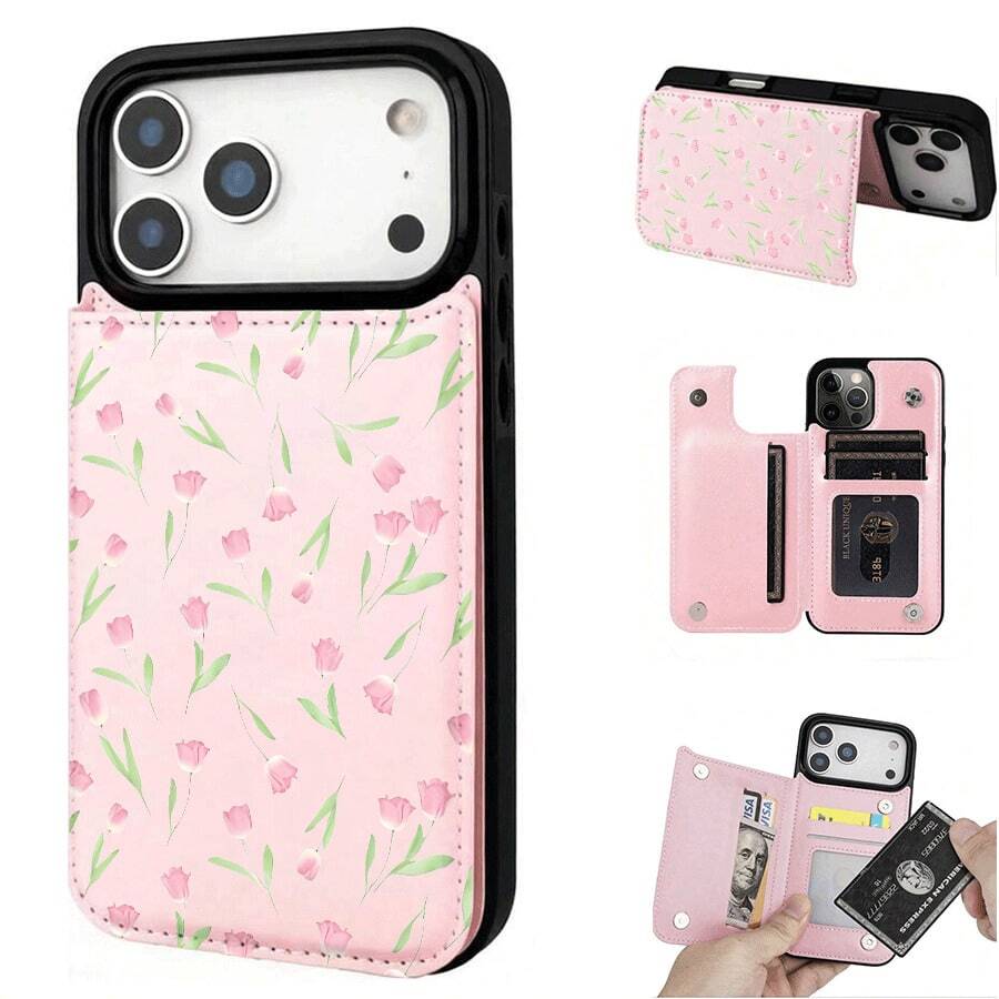 Tulip/Wallet Card Holder,Credit Card Slots Phone Case For Iphone17/17air 16/15Pro 14/13pro12 11 ProMax Xs 16Plus Case, Cute Phone Case  Galaxy S22/S23+S24 Plus/S25Ultra/ Cover For Women Girls Stylish  Fashionable Coin Pocket Magnetic.A476 - 粉色 - 查看 1