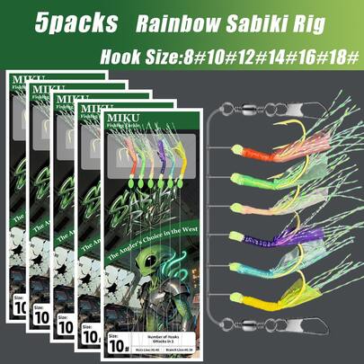 5 Packs Rainbow Sabiki Rig, 6 Colors High Carbon Steel Hooks With Glow Beads, Efficient Saltwater Fishing Accessories (Suitable For Mackerel/Sardine/Bass/Tuna)