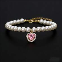 2pcs Luxury Pearl Pet Collar With Heart-Shaped Crystal Pendant, Durable And Adjustable, Minimalist Elegant Design, Suitable For Daily Wear And Holiday Gifts - Multicolor - View 3