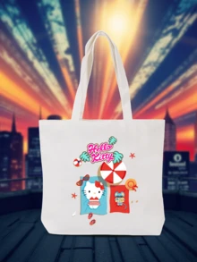 SANRIO 1件装图案帆布单肩包 | 休闲旅行沙滩包 | 大容量可重复使用帆布购物袋，女士适用 | 沙滩印花女士夏季日常/邮轮旅行/度假必备单肩包（无扣） - 彩色 - 查看 7