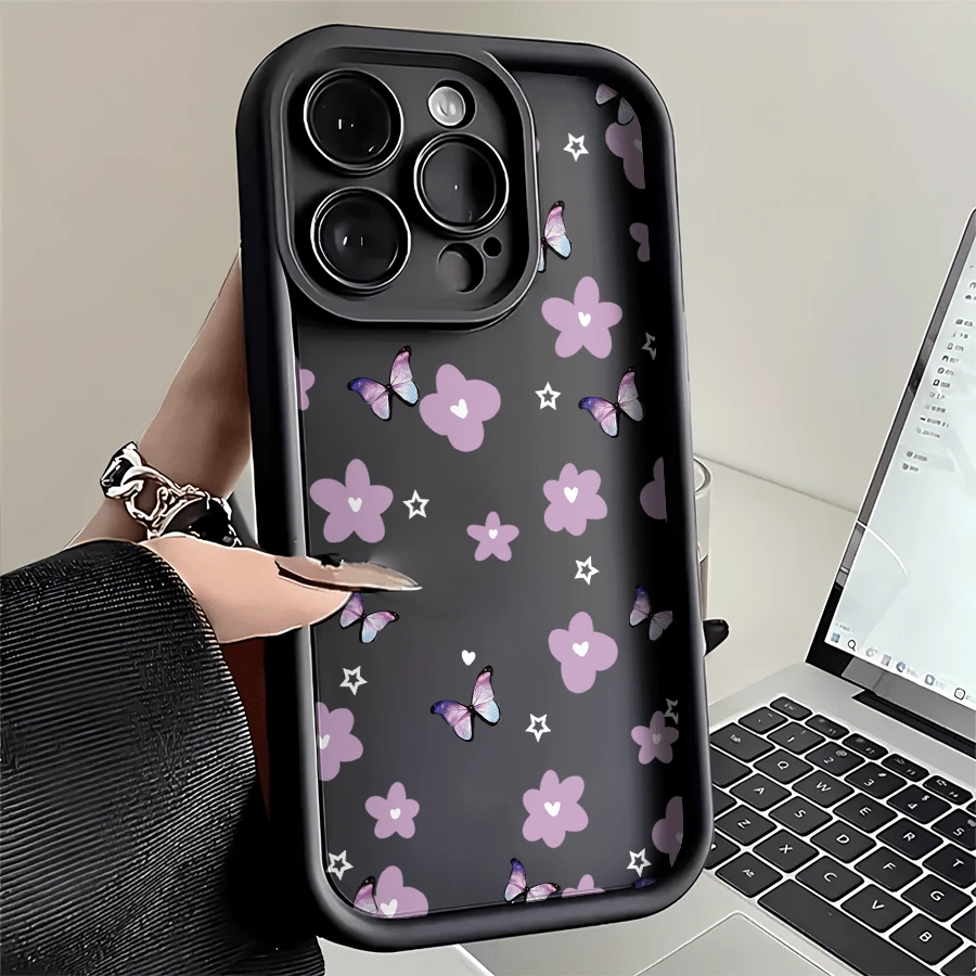 Esta funda para teléfono con estampado de mariposas y corazones morados es compatible con Apple 16E/15/14/13/12/11/PRO/PLUS/PROMAX/MINI, S/A/M/NOTE, S/G/EDGE/E, Transition Spark/HANTOM/CAMON/INFINIX, Honor 400/PLAY/X/Y, OPPO Reno/A/F, 14/Redmi/POCO/NOTE y otros modelos. Está hecha de TPU transparente, sencillo, elegante y duradero. Es una opción ideal para San Valentín, Halloween, Navidad, para uso personal o como regalo. - Negro - Ver 1